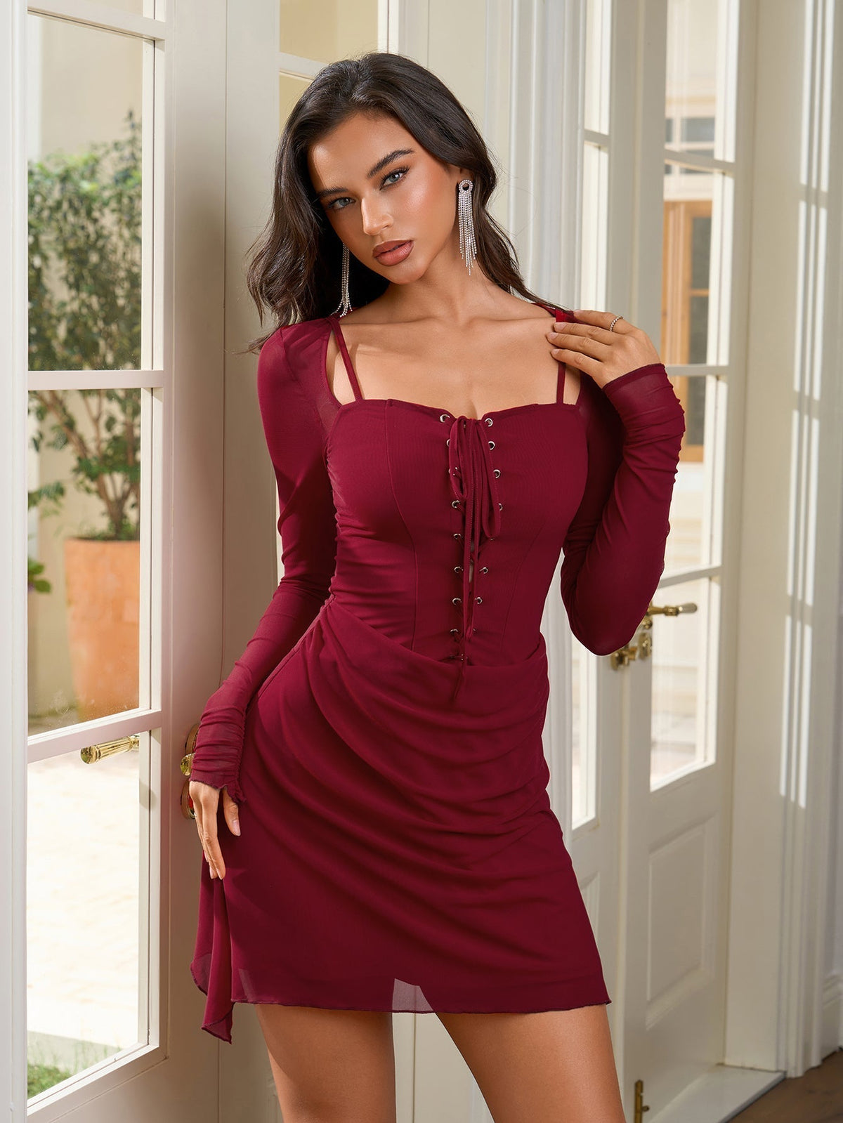 Lace Up Long Sleeve Ruched Asymmetric Hem Bodycon Mini Dress - View 4