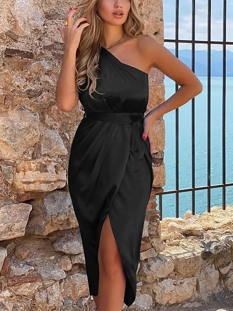 Satin One Shoulder Ruched Wrap Belted Midi Dress - View 8