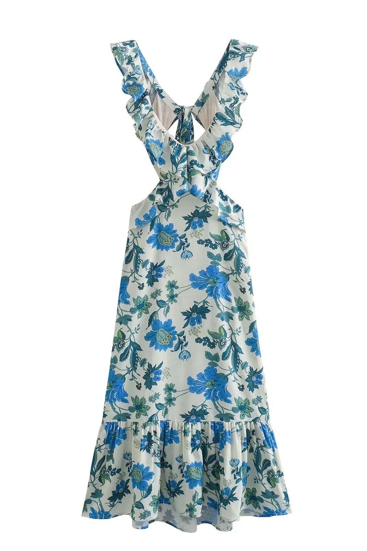Floral Print Ruffle Cut Out Waist Fishtail Maxi Dress - View 5