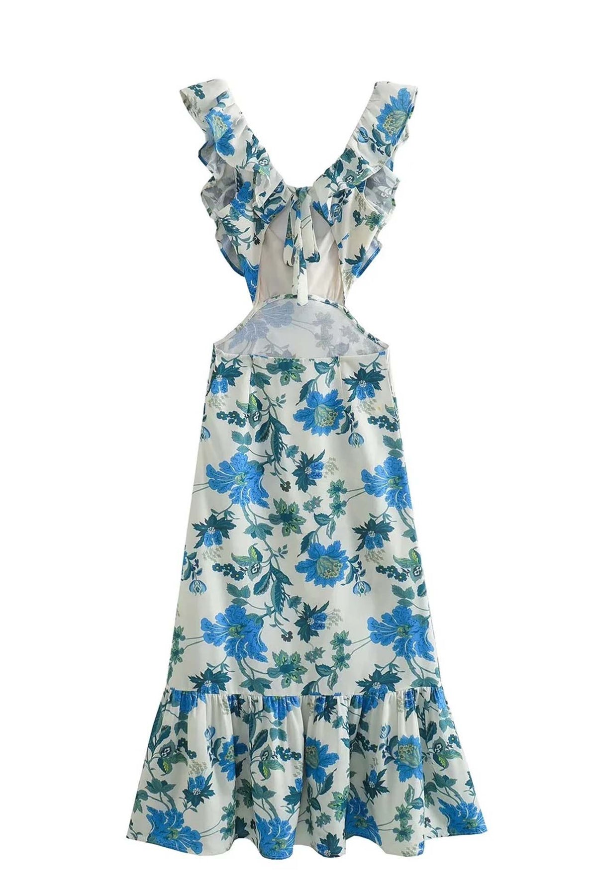Floral Print Ruffle Cut Out Waist Fishtail Maxi Dress - View 6