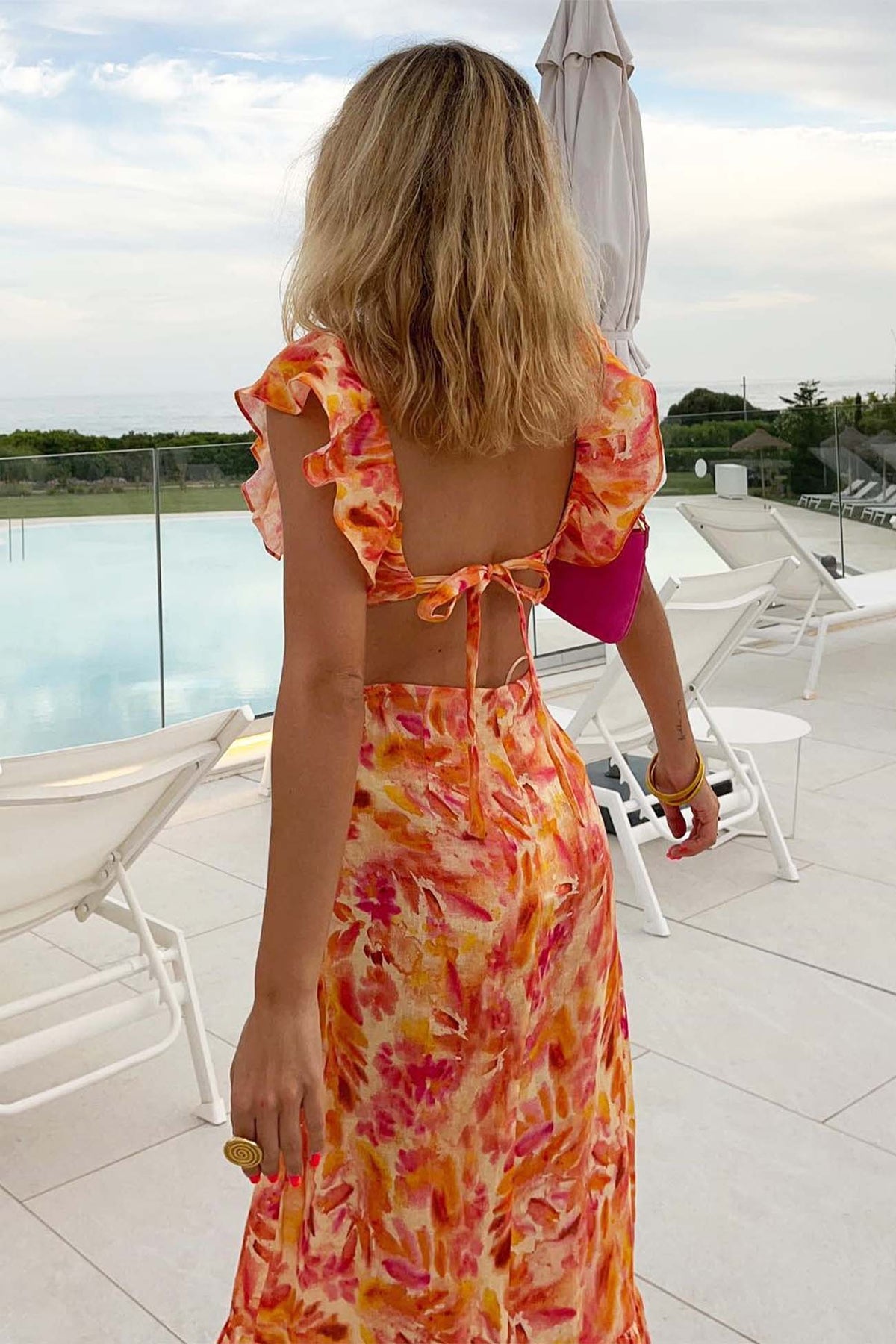 Floral Print Ruffle Cut Out Waist Fishtail Maxi Dress - View 2