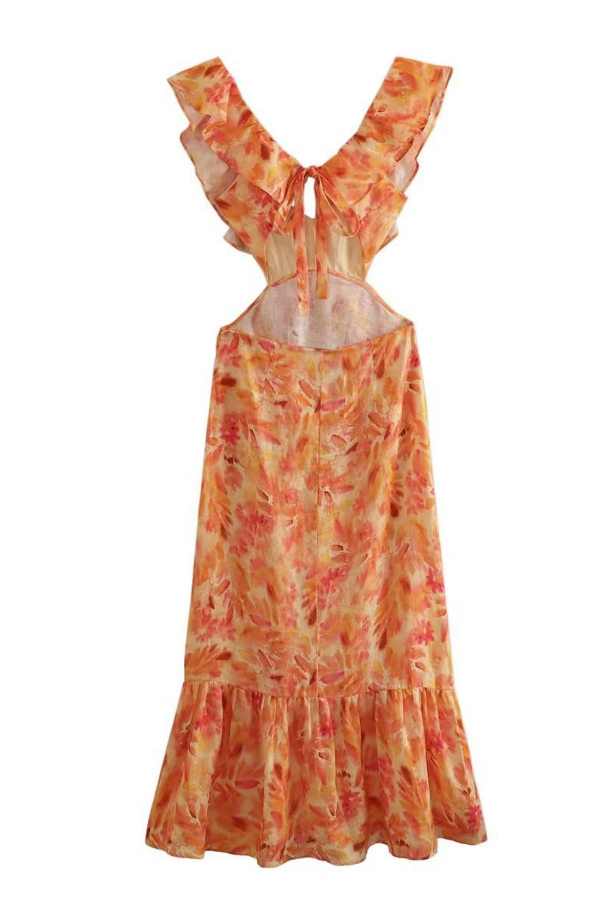 Floral Print Ruffle Cut Out Waist Fishtail Maxi Dress - View 8