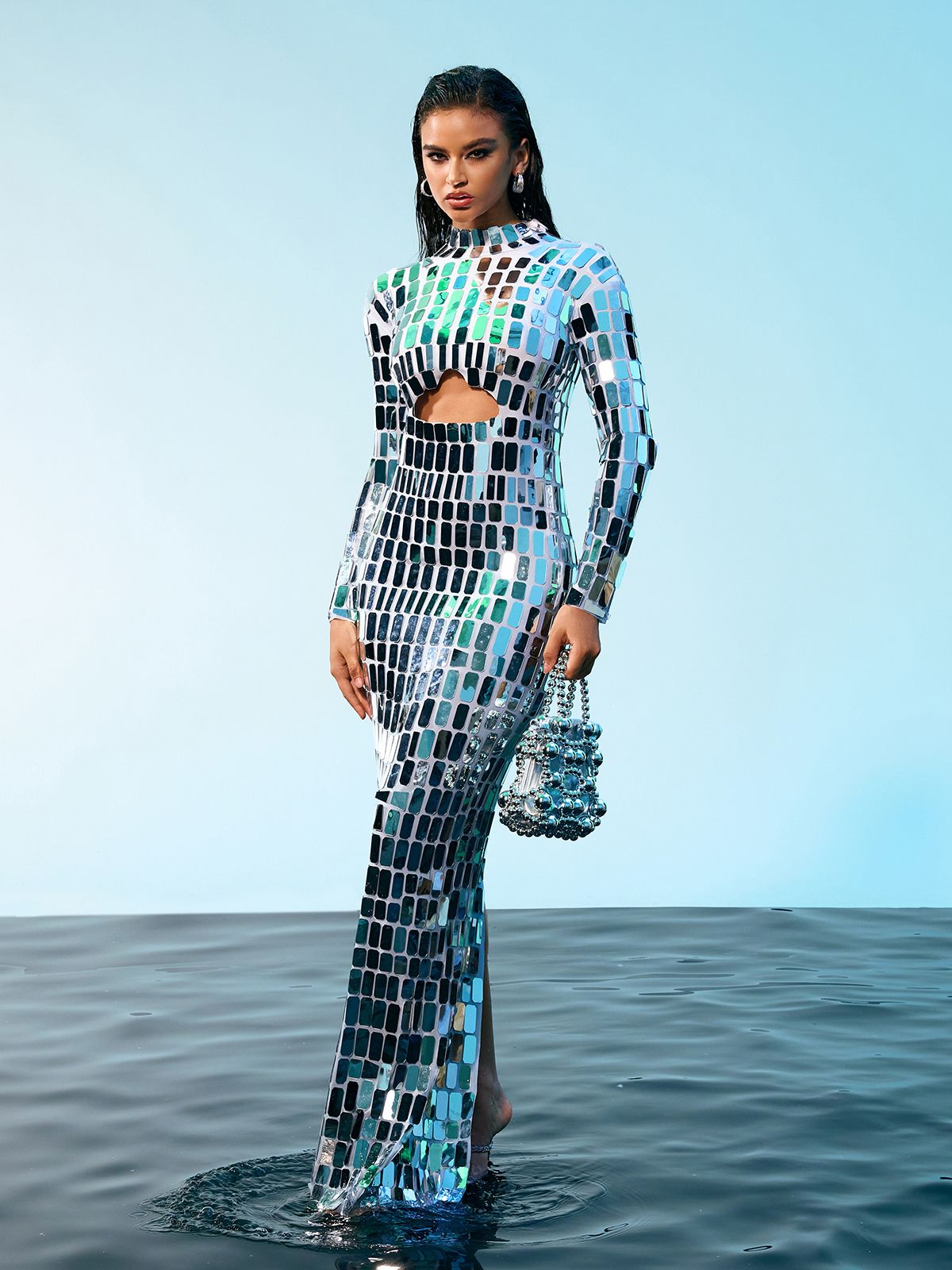 Mirror Tile Long Sleeve Mock Neck Cut Out Bodycon Maxi Dress