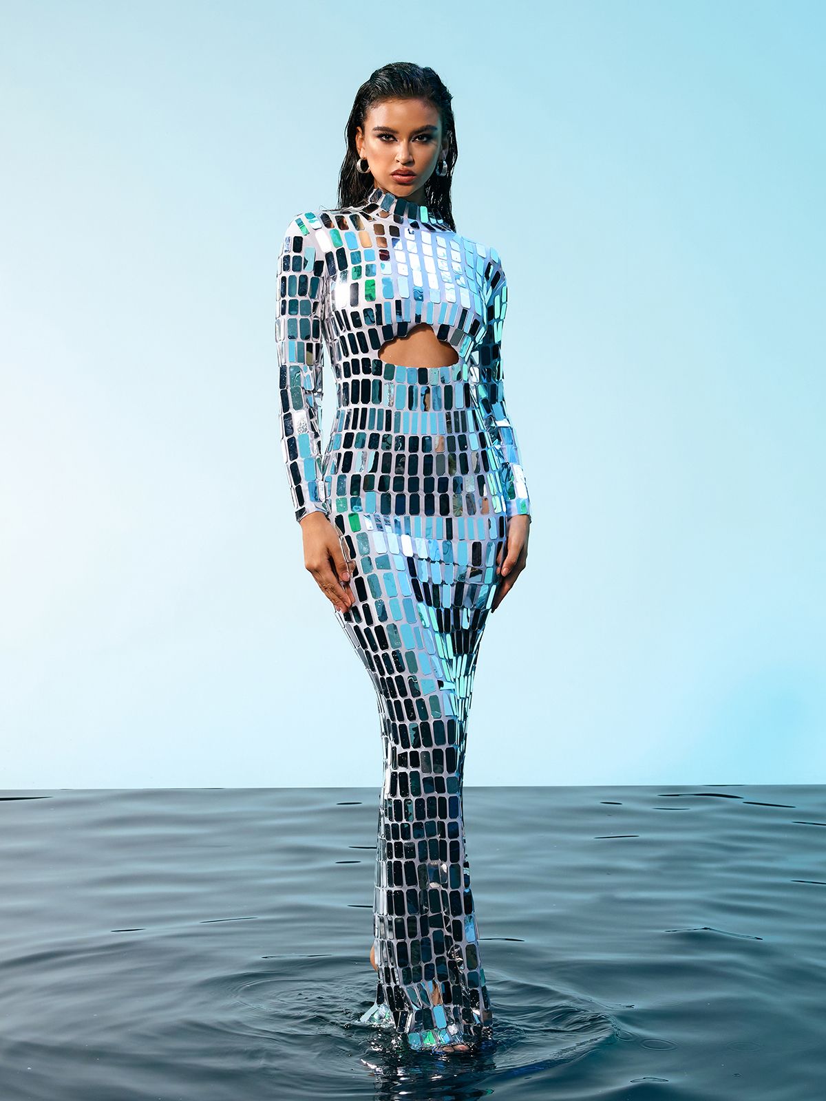 Mirror Tile Long Sleeve Mock Neck Cut Out Bodycon Maxi Dress - View 5