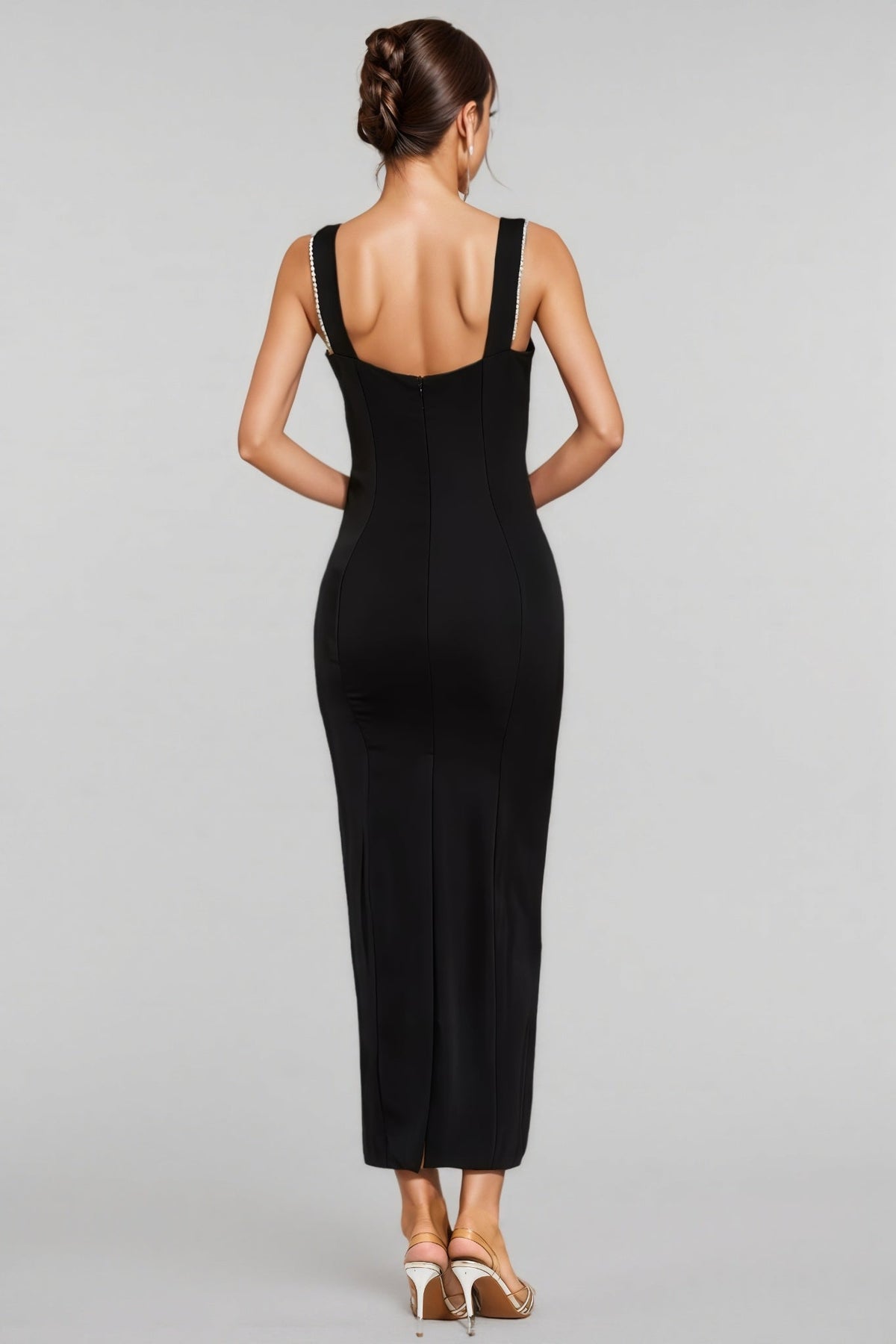 Pearl Trim Scoop Neck Sleeveless Bodycon Column Maxi Gown - View 6