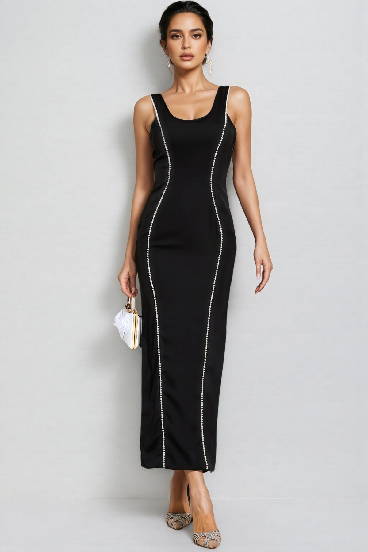 Pearl Trim Scoop Neck Sleeveless Bodycon Column Maxi Gown - View 4