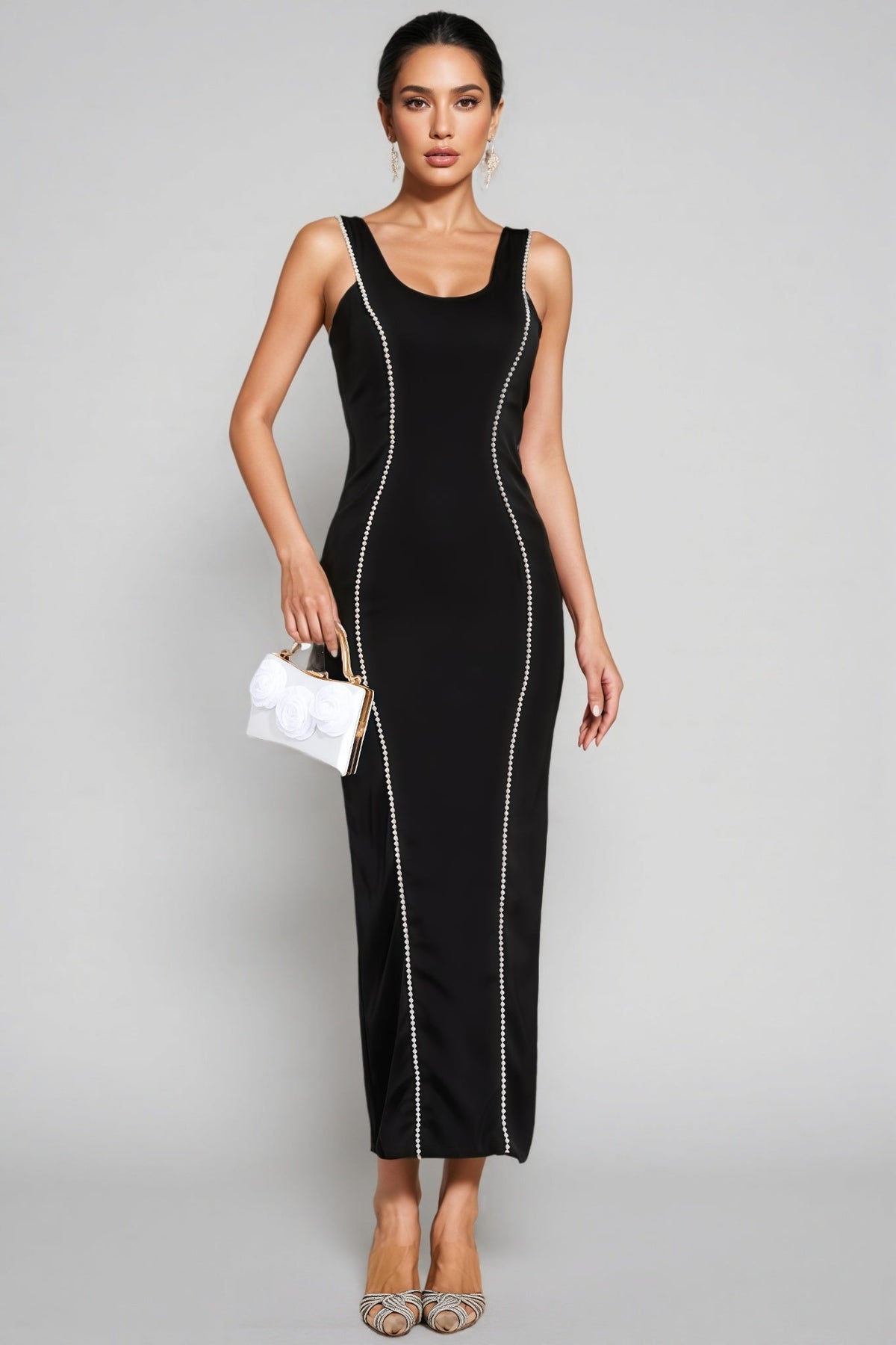 Pearl Trim Scoop Neck Sleeveless Bodycon Column Maxi Gown