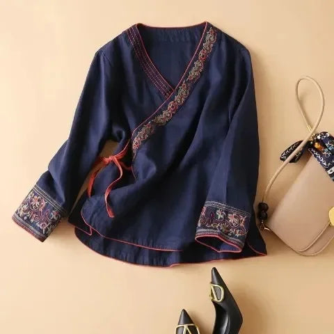 Embroidered Trim V-Neck Long Sleeve Wrap Blouse 28