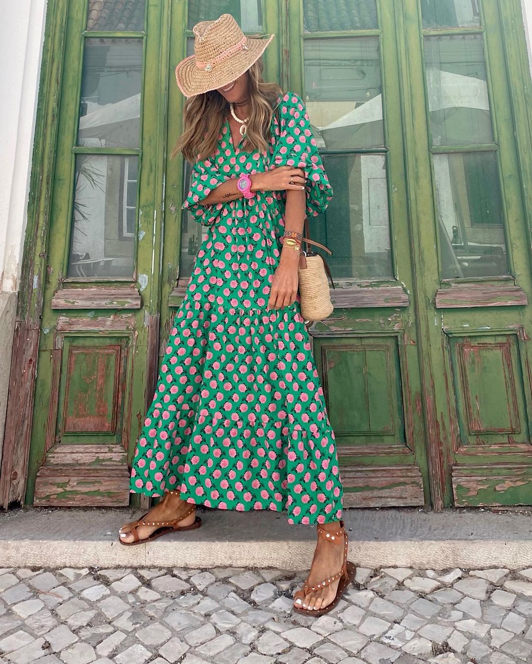Puff Sleeve V-Neck Tie Front Tiered Maxi Summer Dress - View 3