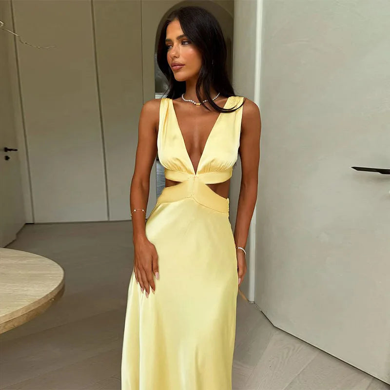 Satin Deep V-Neck Side Cut Out Waist Maxi Party Dress - View 2