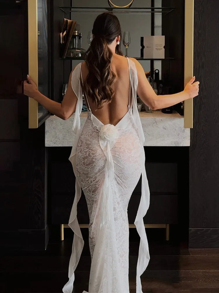 Floral Lace Backless Open Back Rosette Draped Train Maxi Gown - View 4