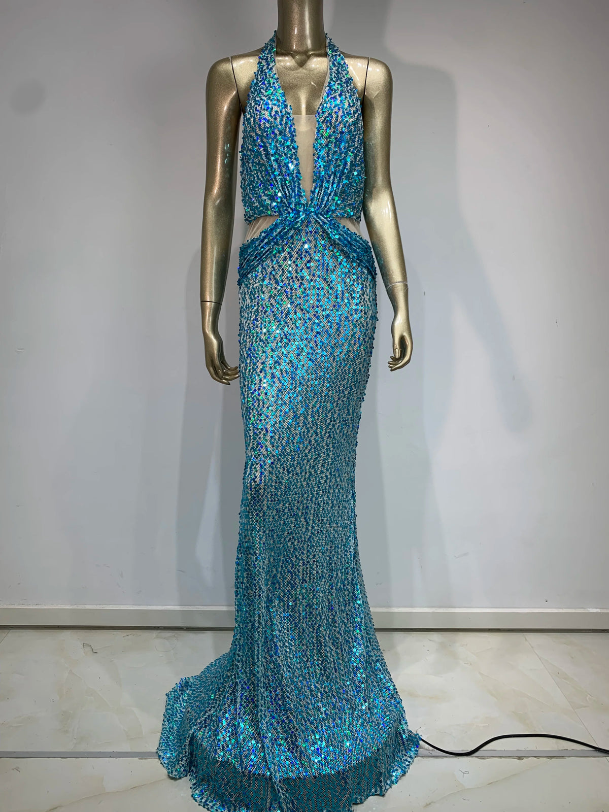 Sequin Halter Neck Deep V-Neck Cut Out Sheer Mermaid Gown - View 2