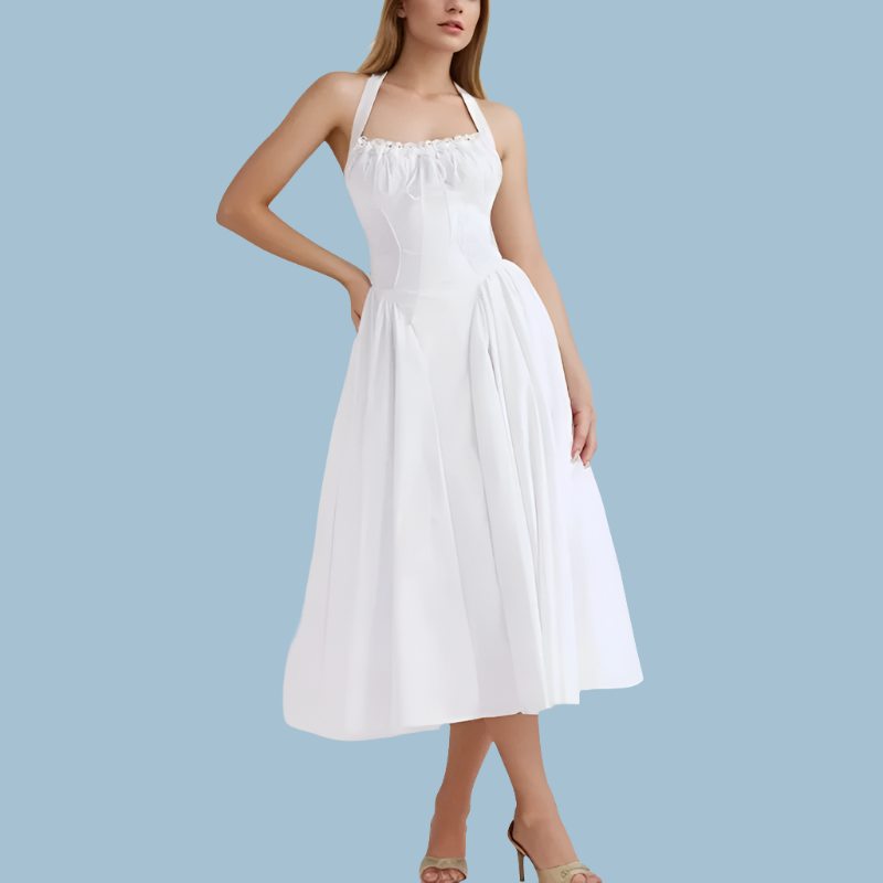 Halter Neck Corset Fit and Flare A-Line Midi Dress - View 3