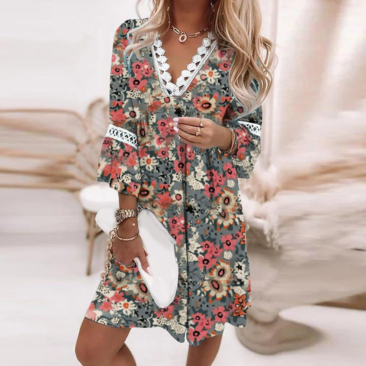Floral Print Lace Trim V-Neck Three Quarter Sleeve Shift Mini Dress - View 4