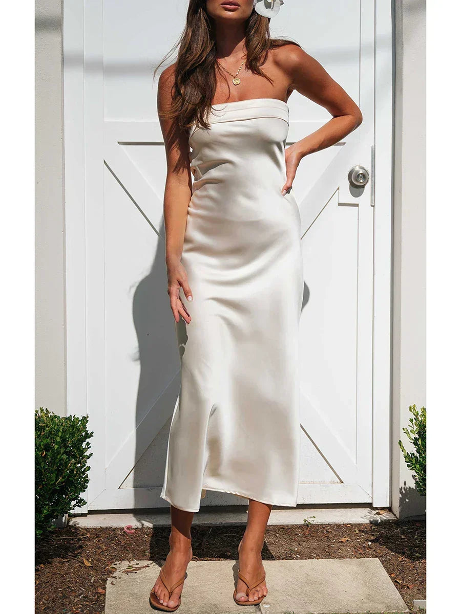 Satin Strapless Fold Over Bust Column Slip Maxi Dress - View 6
