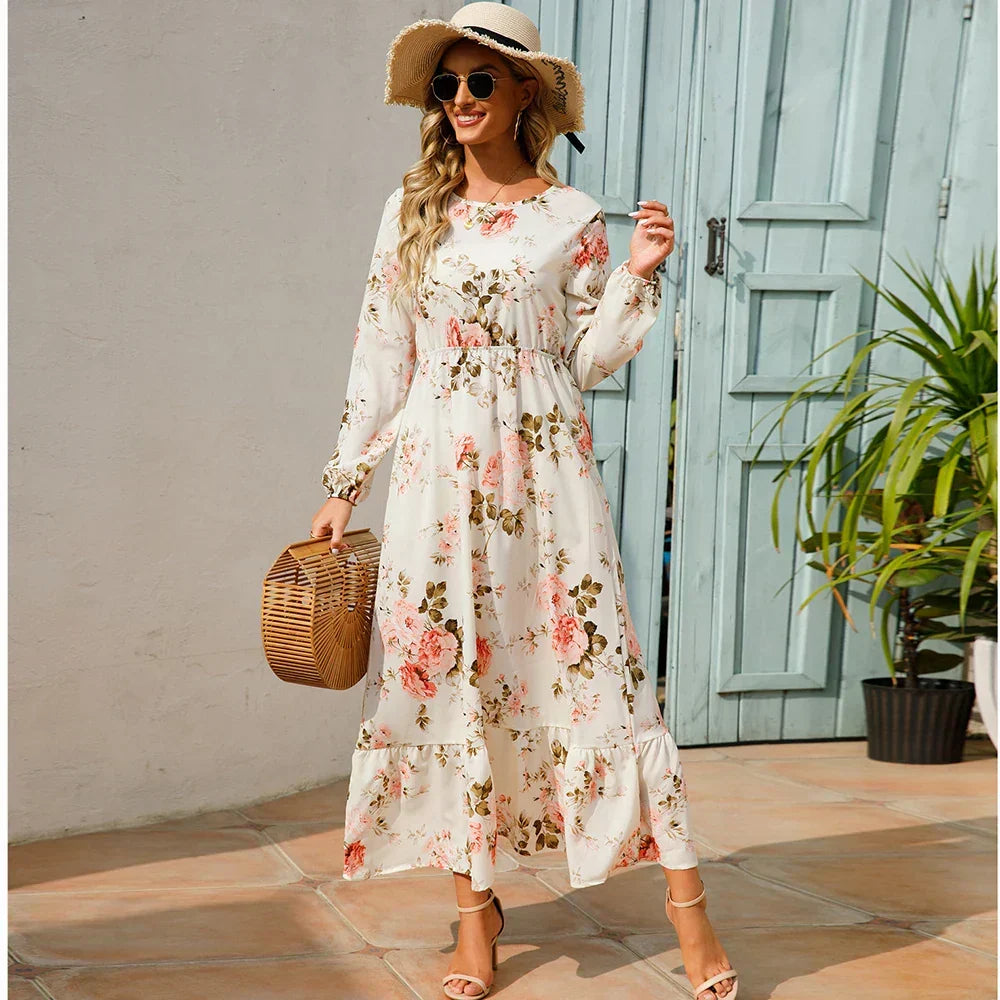 Floral Long Sleeve Tiered Ruffle Boho Maxi Dress - View 8