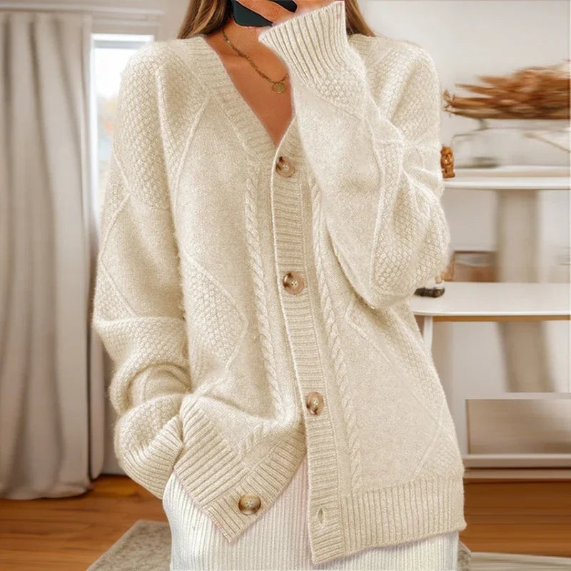 Button Front Cable Knit Long Sleeve Cardigan