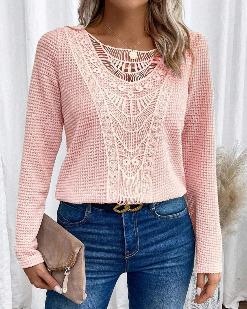 Crochet Lace Panel Round Neck Waffle Knit Long Sleeve Top 3