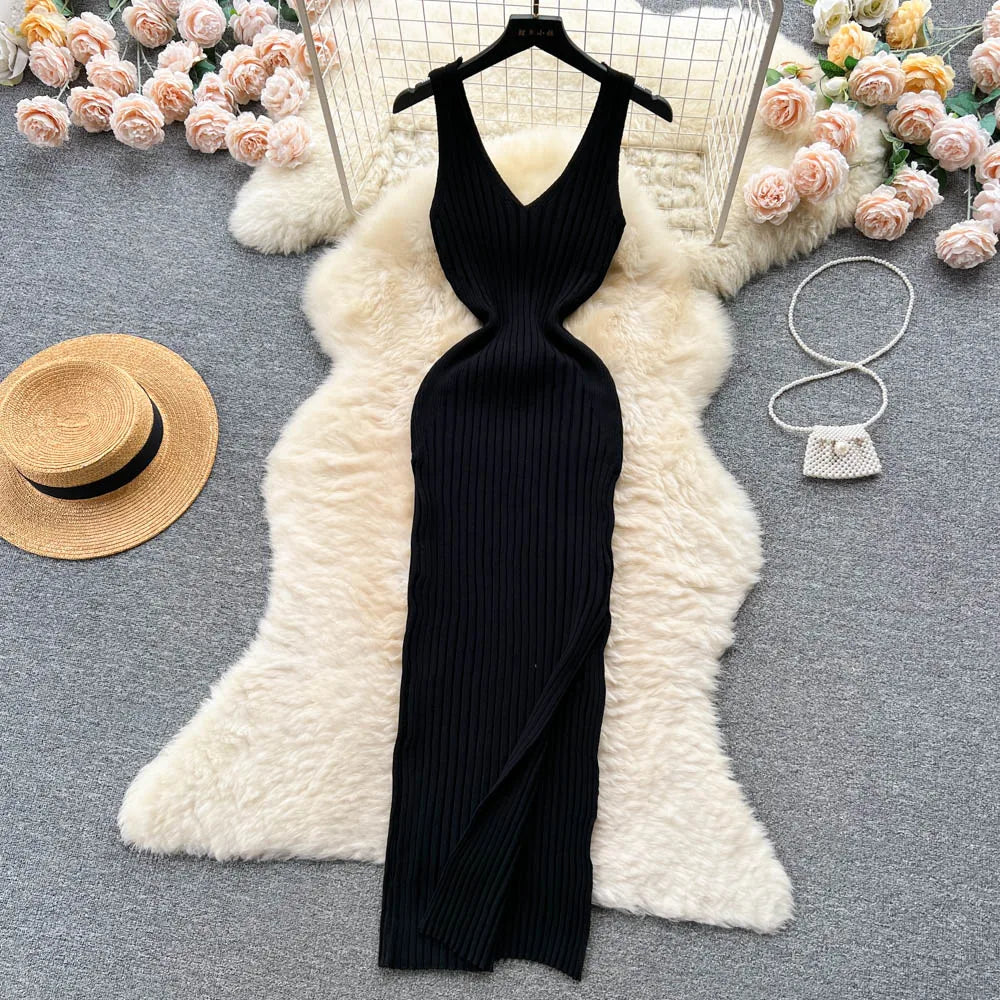 Ribbed Knit V-Neck Sleeveless Cut Out High Split Bodycon Maxi Dress - View 6