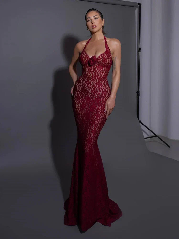 Flower Mermaid Burgundy Maxi Lace Dress - View 5
