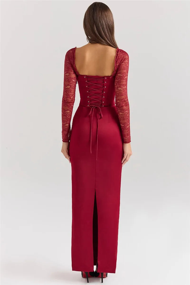 Square Collar Lace - Up Backless Long Sleeve Maxi Dress - View 5