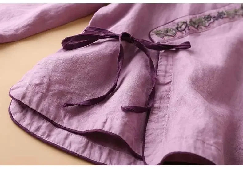 Embroidered Trim V-Neck Long Sleeve Wrap Blouse 14