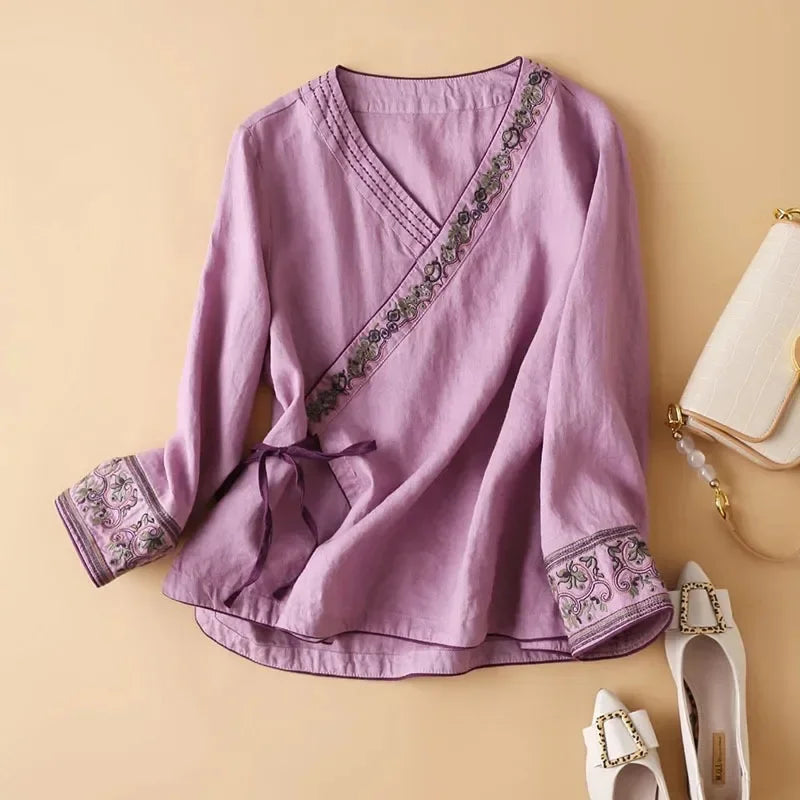 Embroidered Trim V-Neck Long Sleeve Wrap Blouse 2