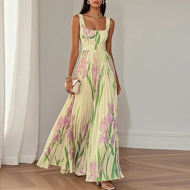 Floral Pleated Square Neck Sleeveless A-Line Maxi Dress Wedding Guest 6