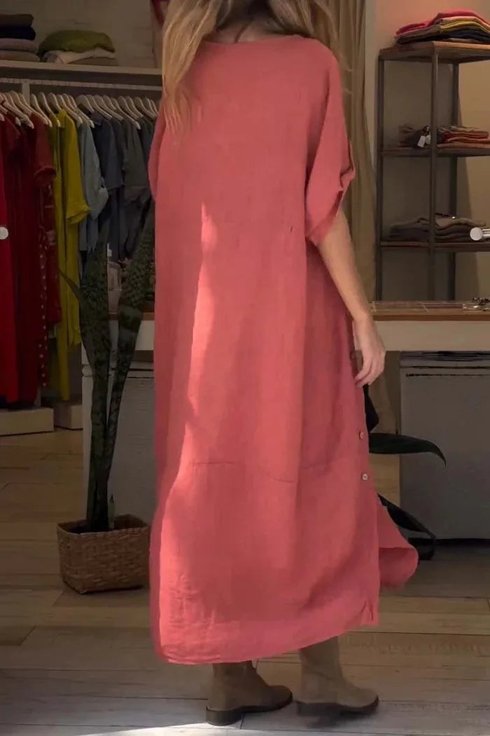 V-Neck Roll Tab Sleeve Pocket Oversized Maxi Dress 3