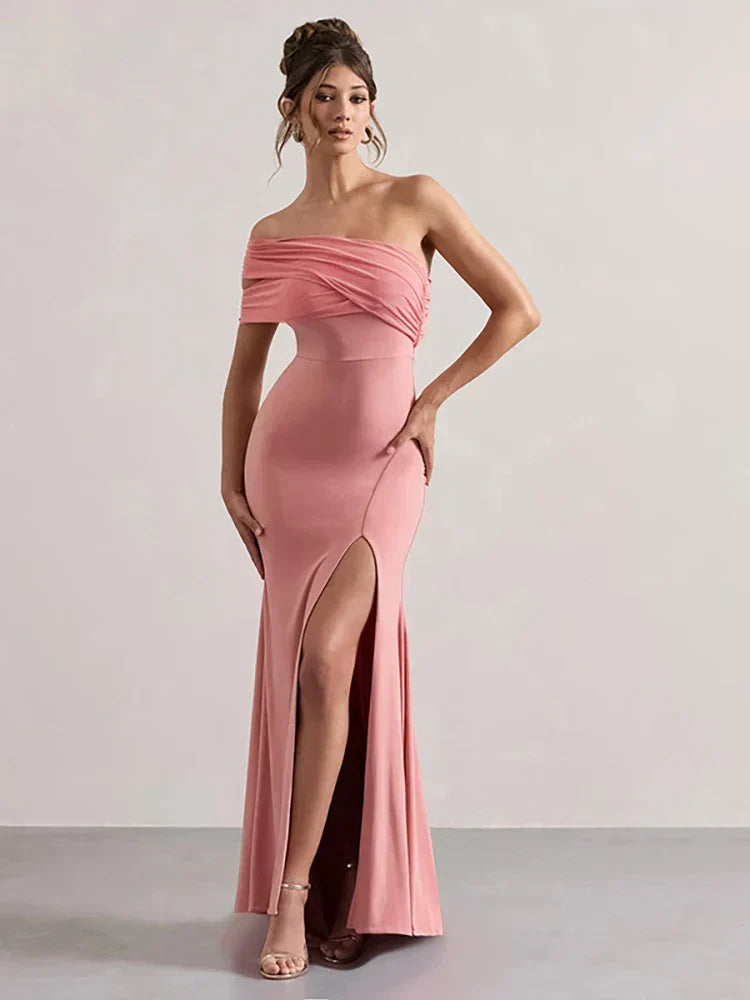 Solid One Shoulder Mesh Slit Long Dress - View 7