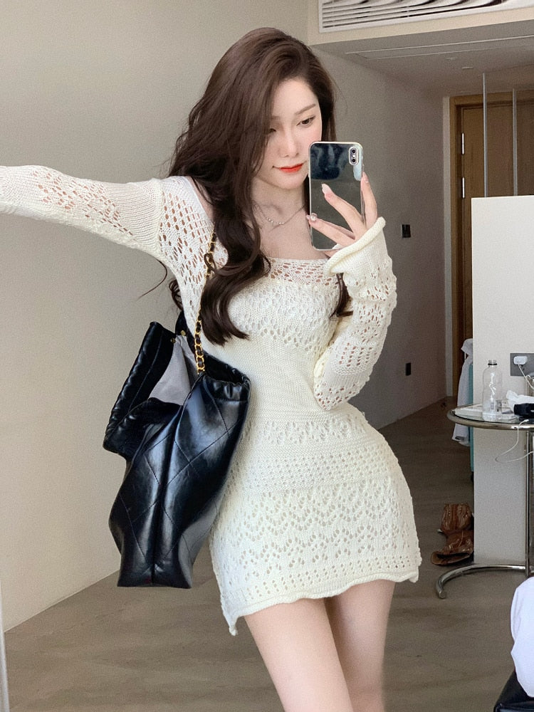Y2K Gown Korea Mini Slim Brief Long Arm Gown Lace Party