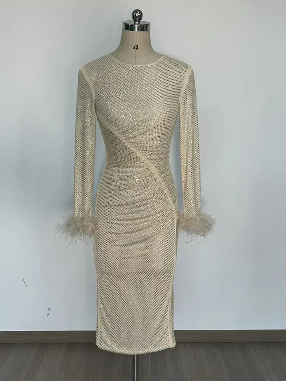 Long Sleeve Feathers Rhinestone Midi Dress - View 8