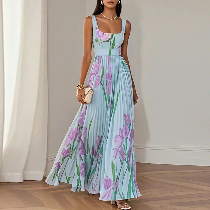 Floral Pleated Square Neck Sleeveless A-Line Maxi Dress Wedding Guest 7