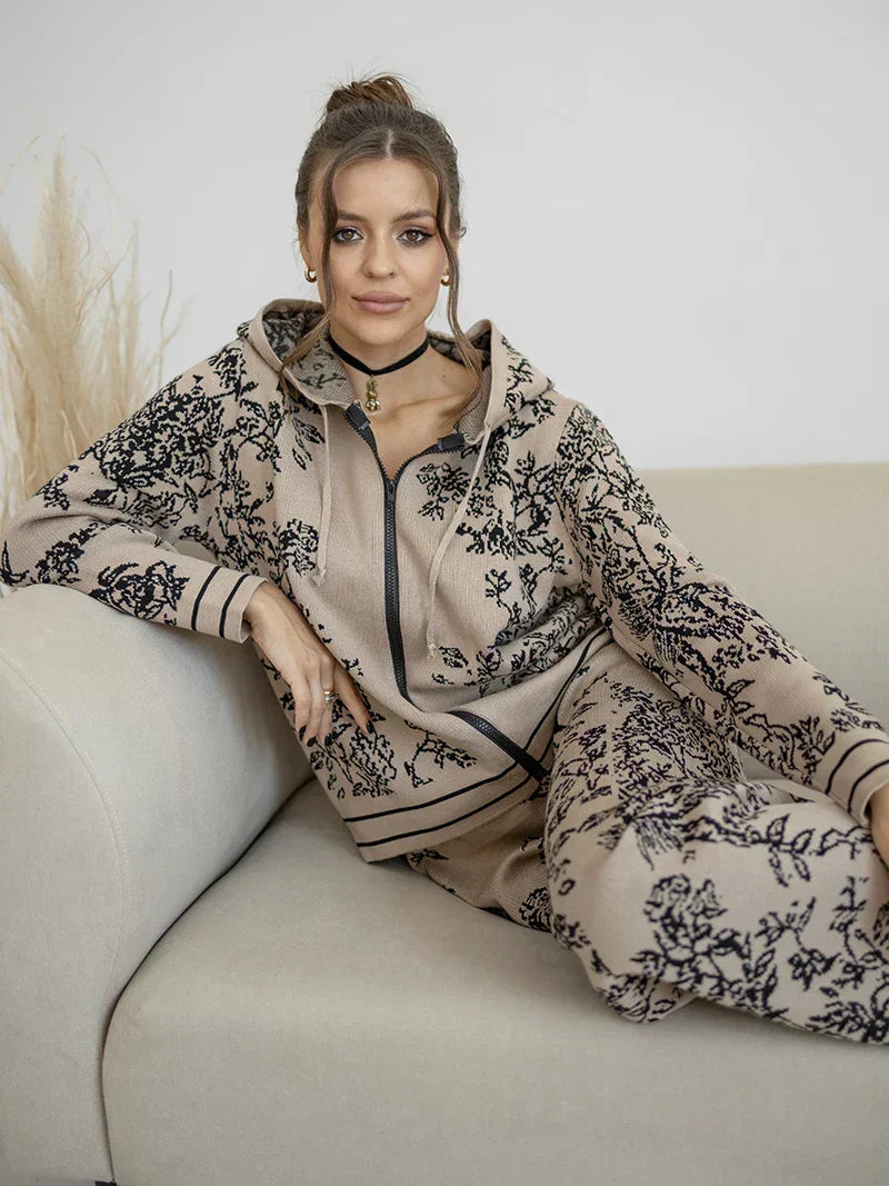 Hooded Zip Front Floral Knit Cardigan and Wide Leg Pants Two Piece Set 5