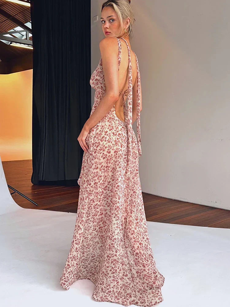 Halter Neck Tie Back Backless Floral Chiffon Maxi Dress