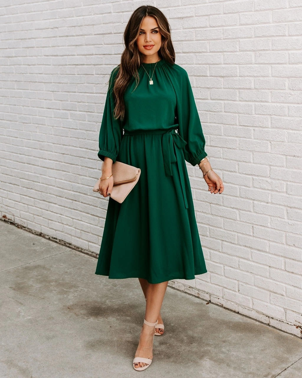 Mock Neck Long Sleeve Belted A-Line Midi Dress - View 9