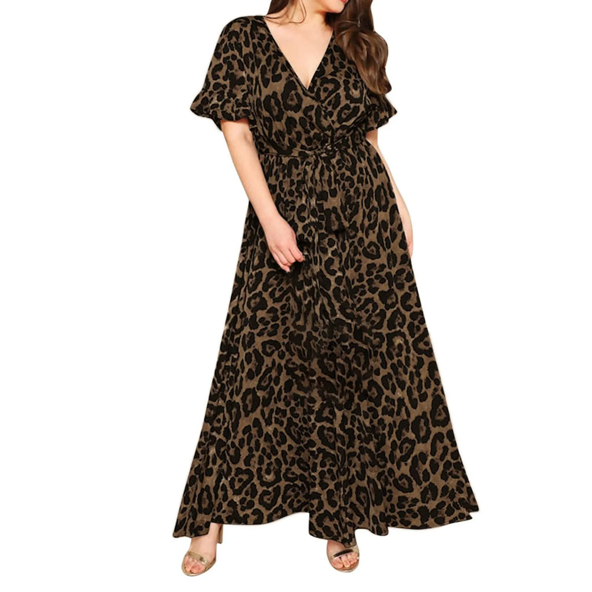 Leopard Deep V-Neck Short Sleeve Wrap A-Line Maxi Dress - View 3