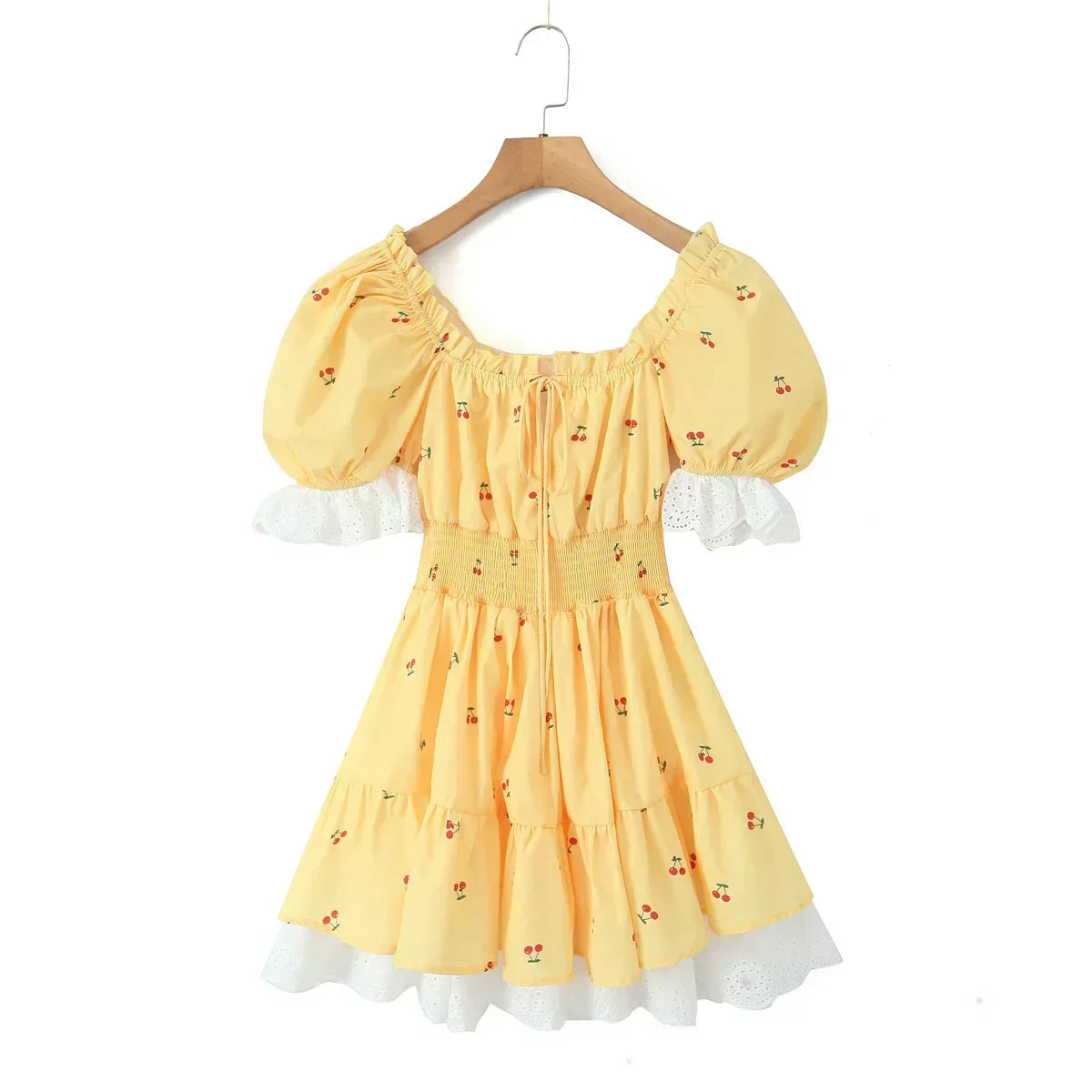 Print Puff Sleeve Ruffles Lace - up Mini Dress - View 3