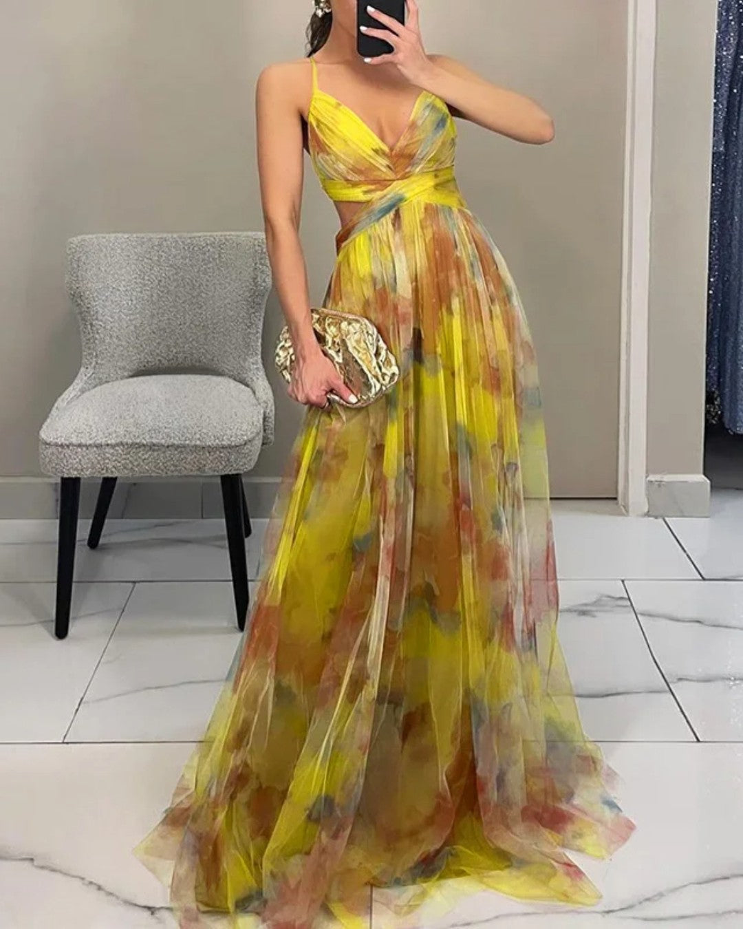Floral Print Chiffon Deep V-Neck Ruched Waist A-Line Maxi Dress 8