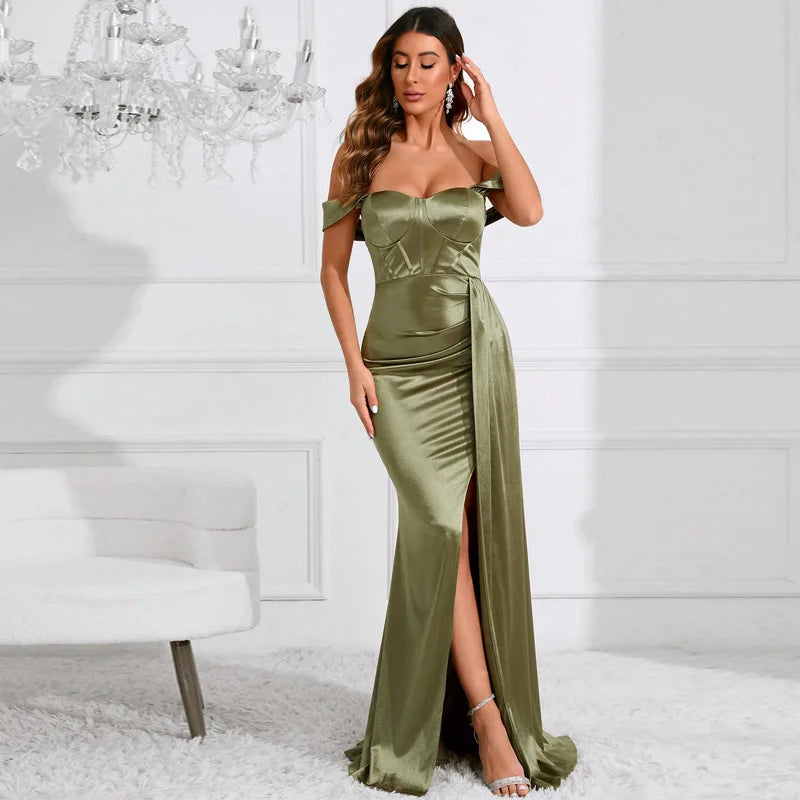 Off Shoulder Satin Mermaid Maxi Dress - View 7
