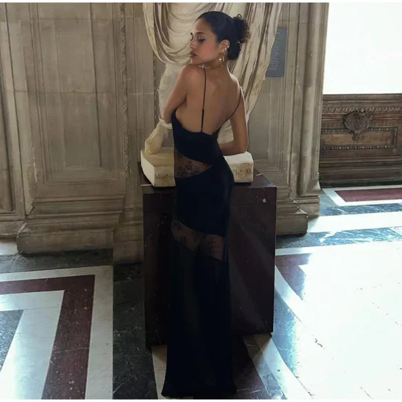 Halter Deep V-Neck Lace Panel Sheer Insert Sleeveless Maxi Gown - View 17