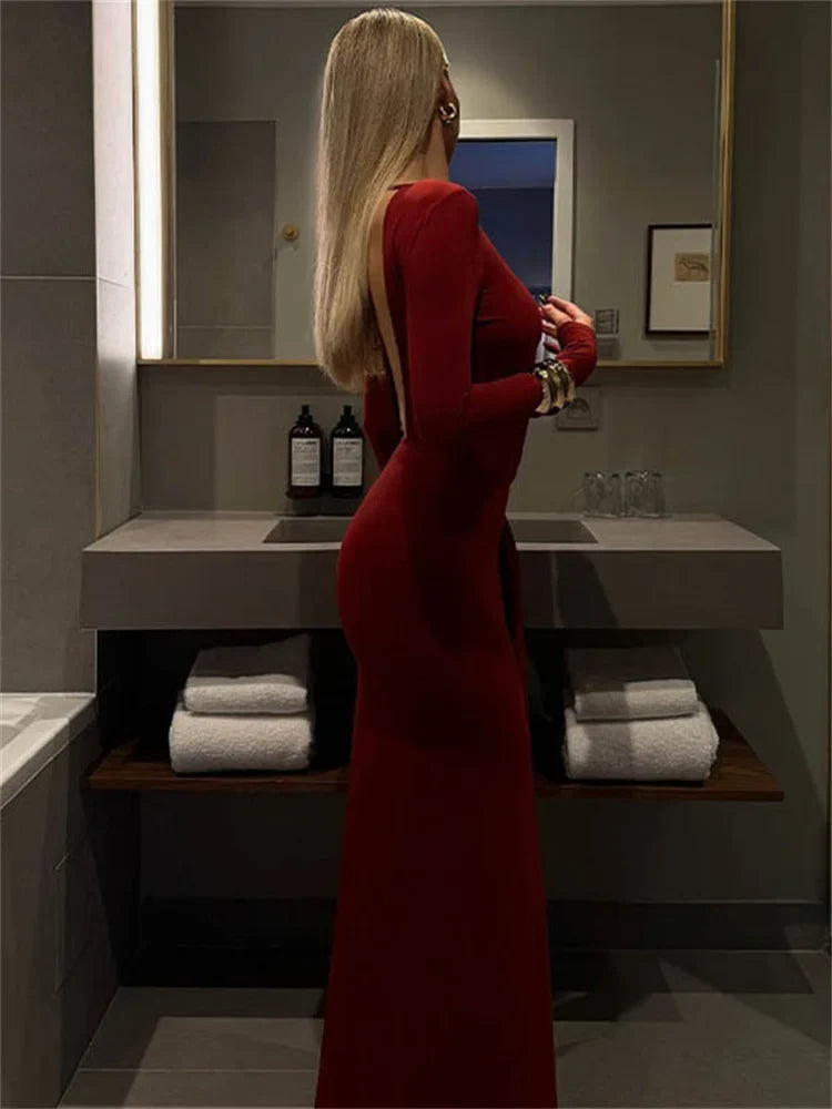 Red Lace - Up Pleated Long Sleeve Maxi Dress - View 4