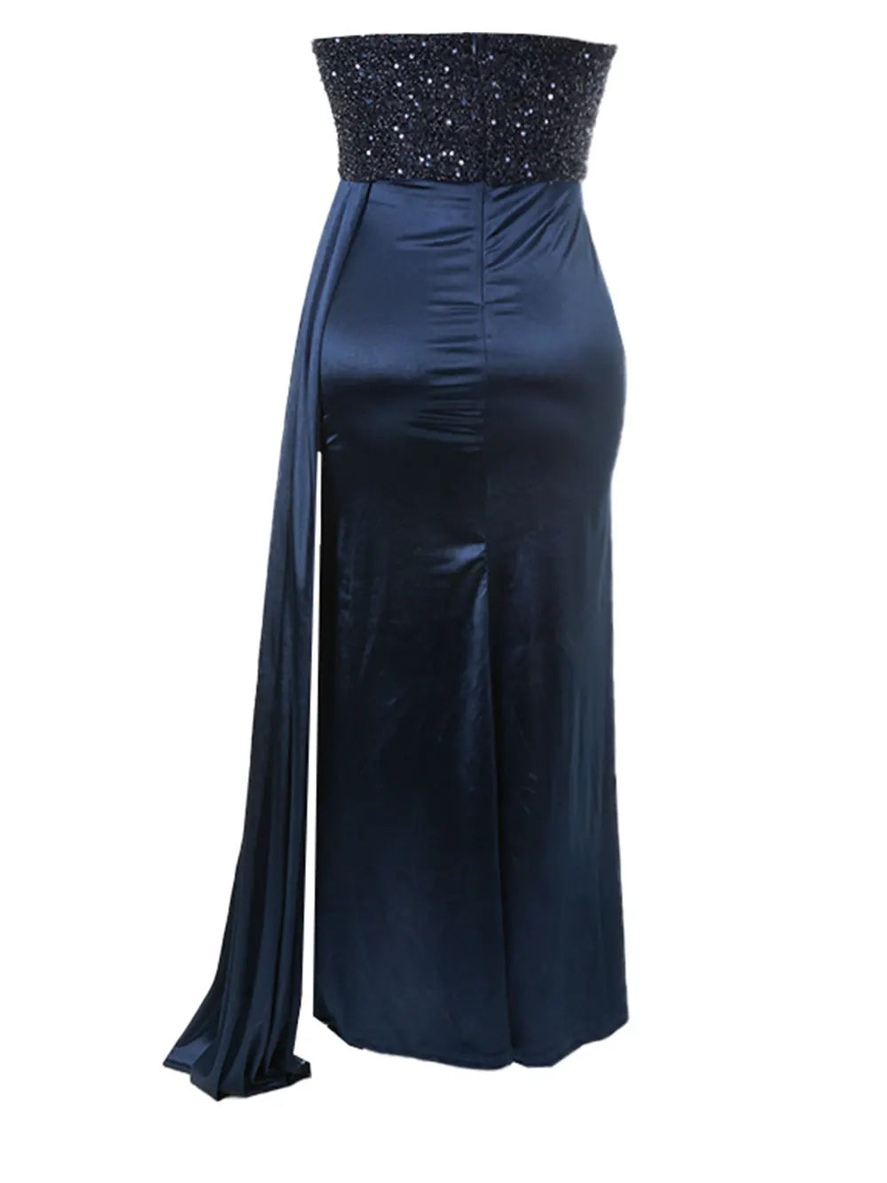 Sequin Strapless Sweetheart Ruched Draped Side Panel Satin Maxi Gown - View 9