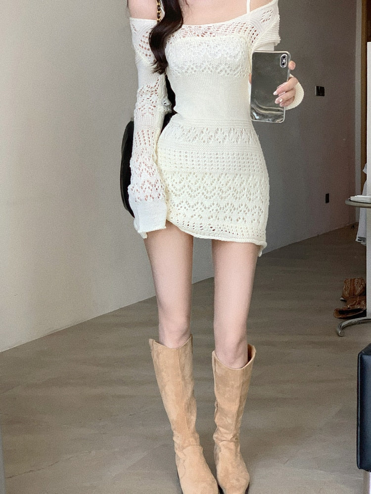 Y2K Gown Korea Mini Slim Brief Long Arm Gown Lace Party