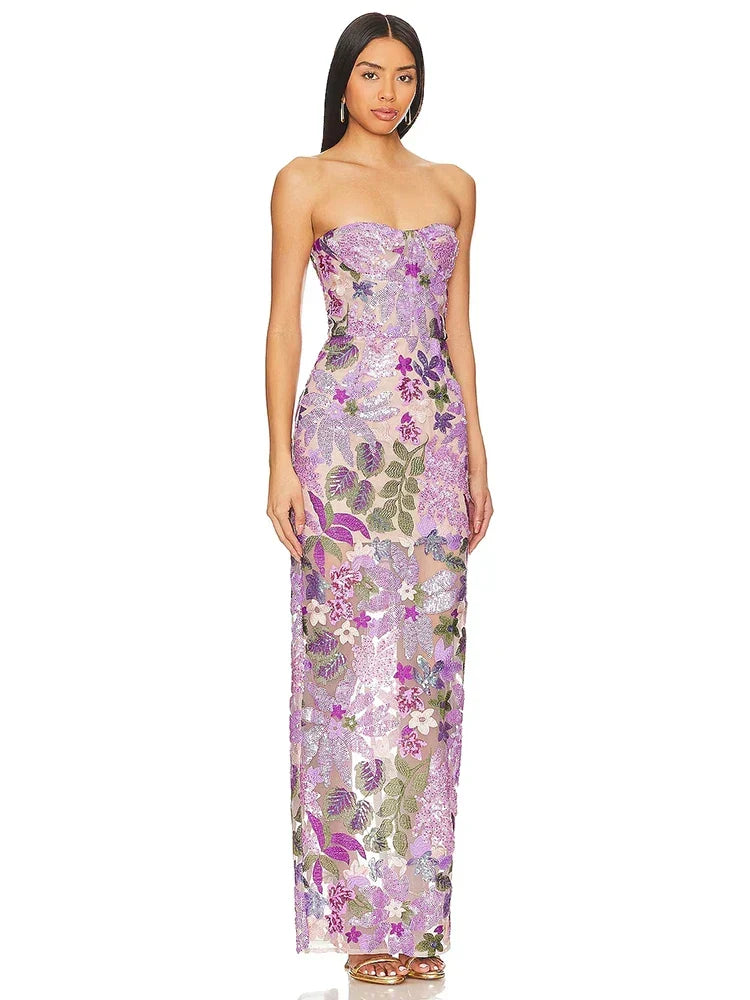 Floral Sequin Strapless Bustier Column Maxi Dress - View 3