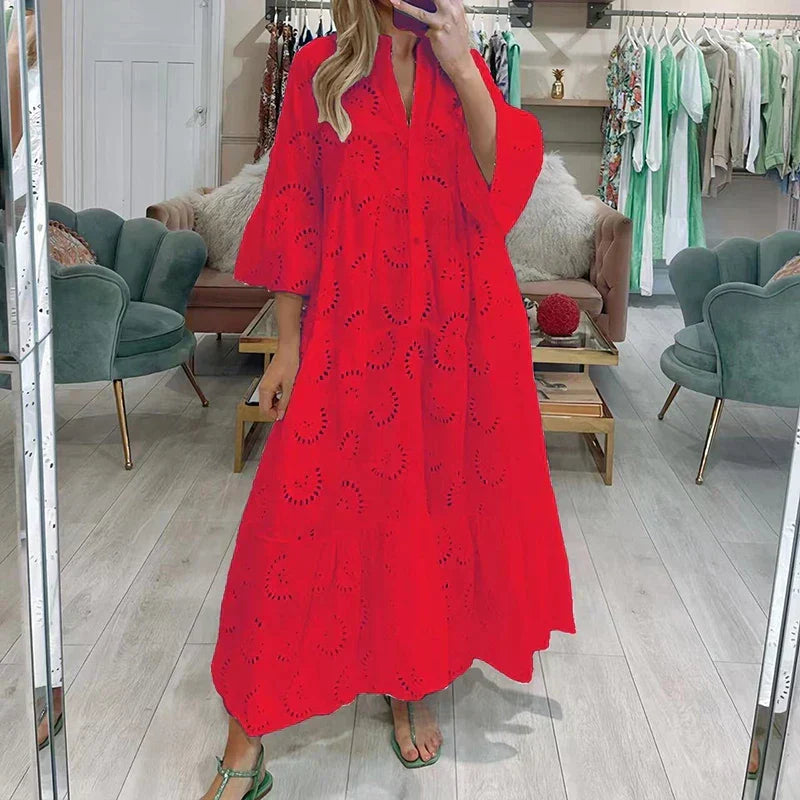 Lace Eyelet Bell Sleeve Button Front Tiered Ruffle Maxi Dress - View 3