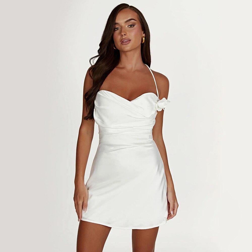 Satin Halter Neck Backless Floral Applique Mini Dress - View 3