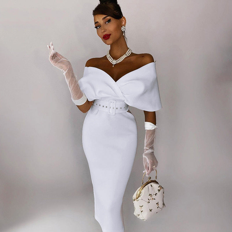 Satin Deep V-Neck Batwing Sleeve Belted Bodycon Midi Dress - View 13