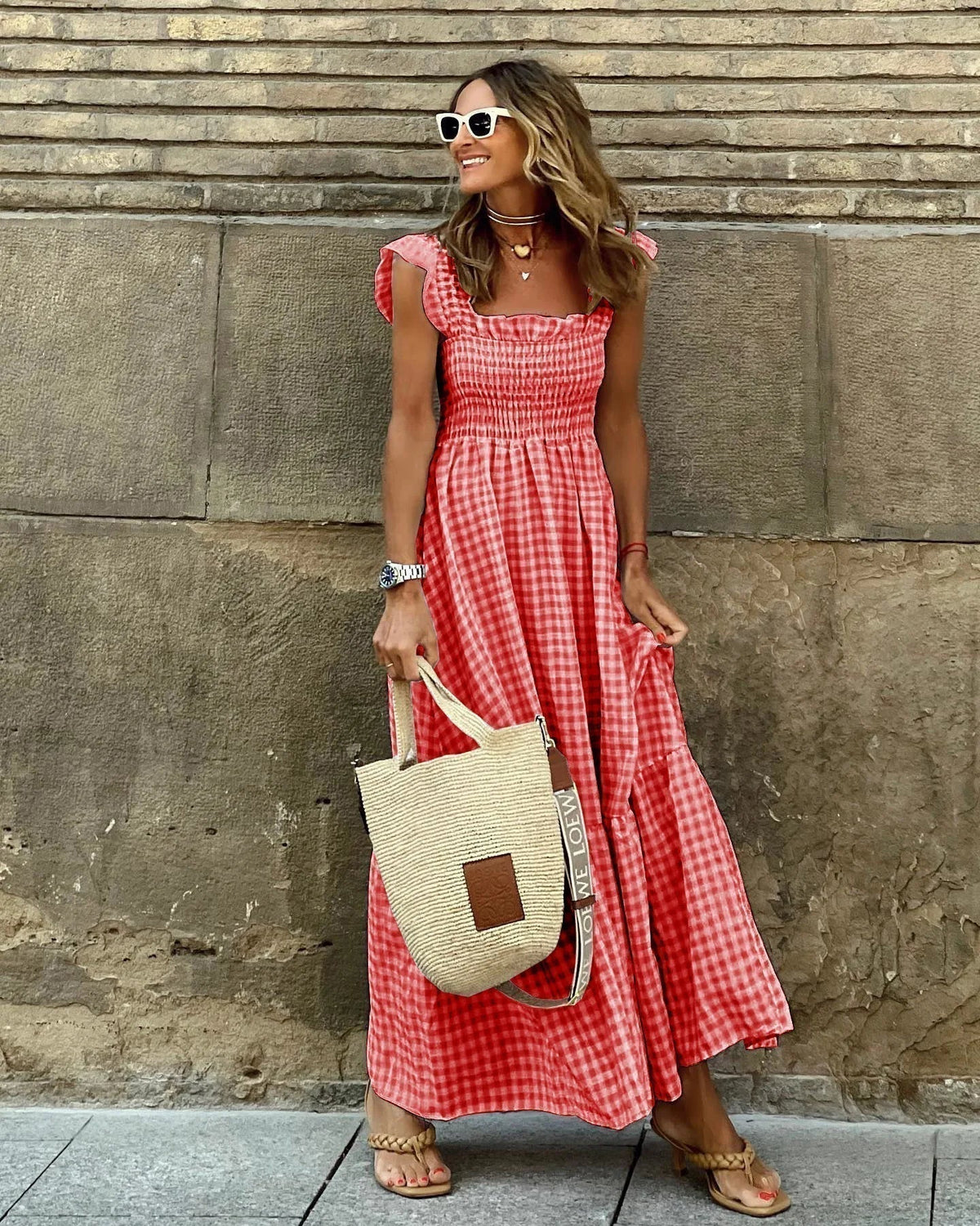Gingham Square Neck Smocked Ruffle Strap Tiered Maxi Dress 6