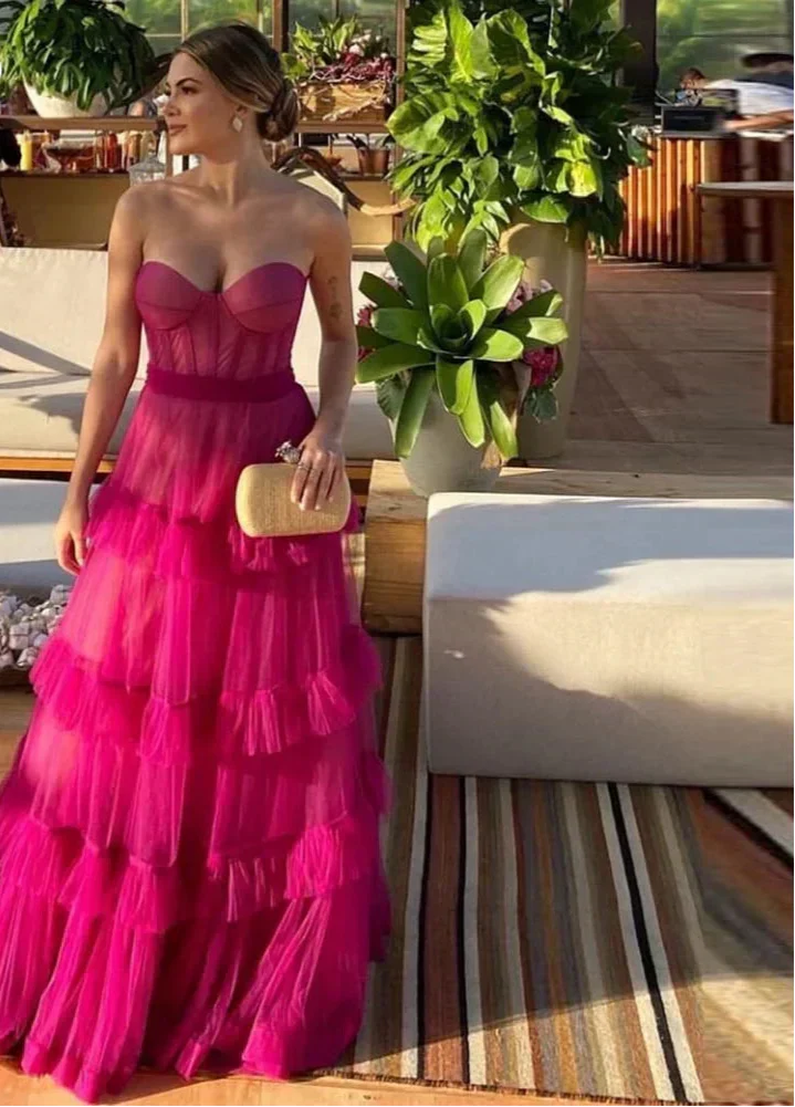 Strapless Sweetheart Corset Tiered Ruffle Tulle Maxi Gown - View 4
